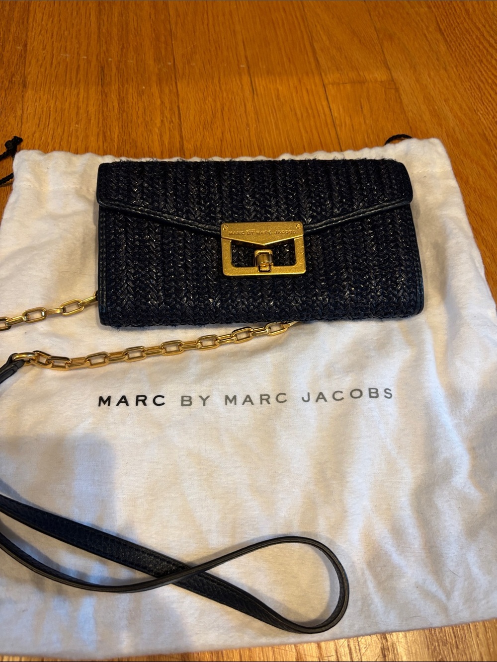 Marc by Marc Jacobs Black Woven Crossbody with Gold Chain and Turn-Lock